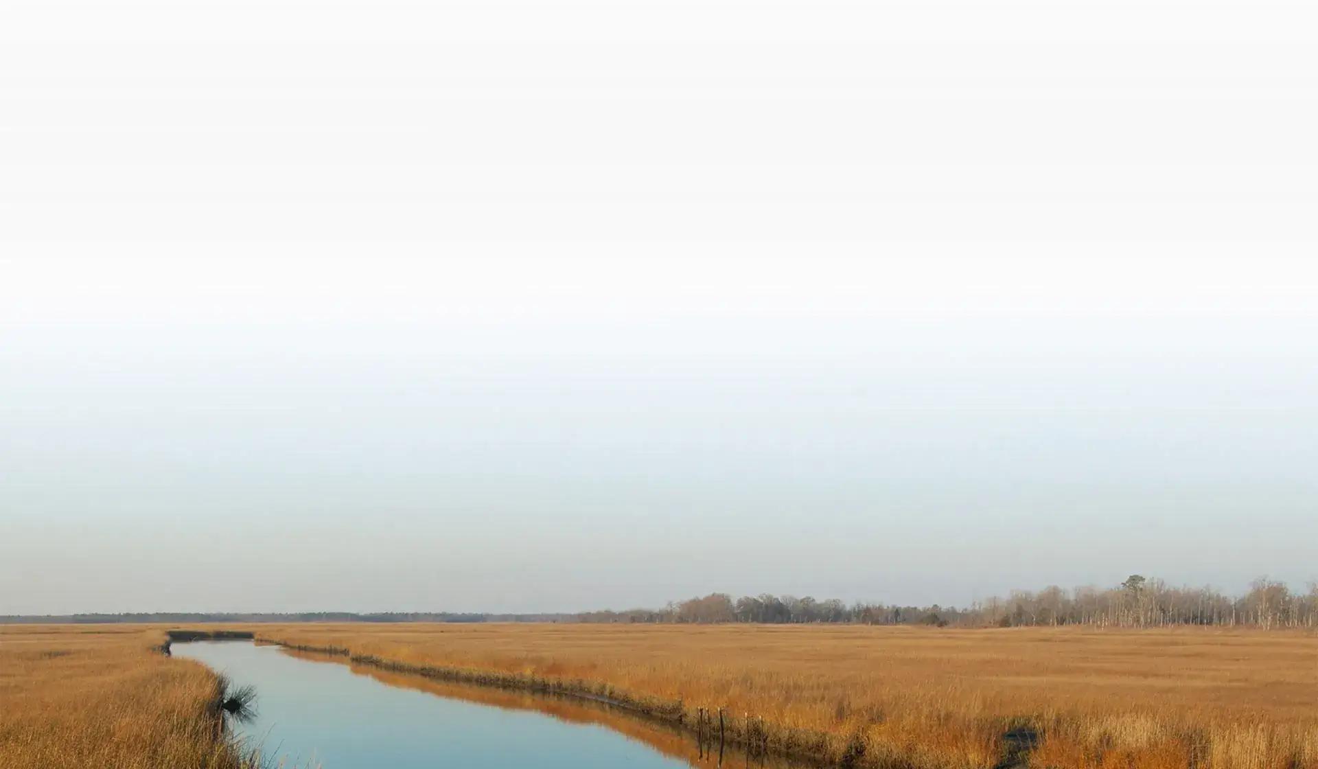 a waterway crossing through marsh with gray skies