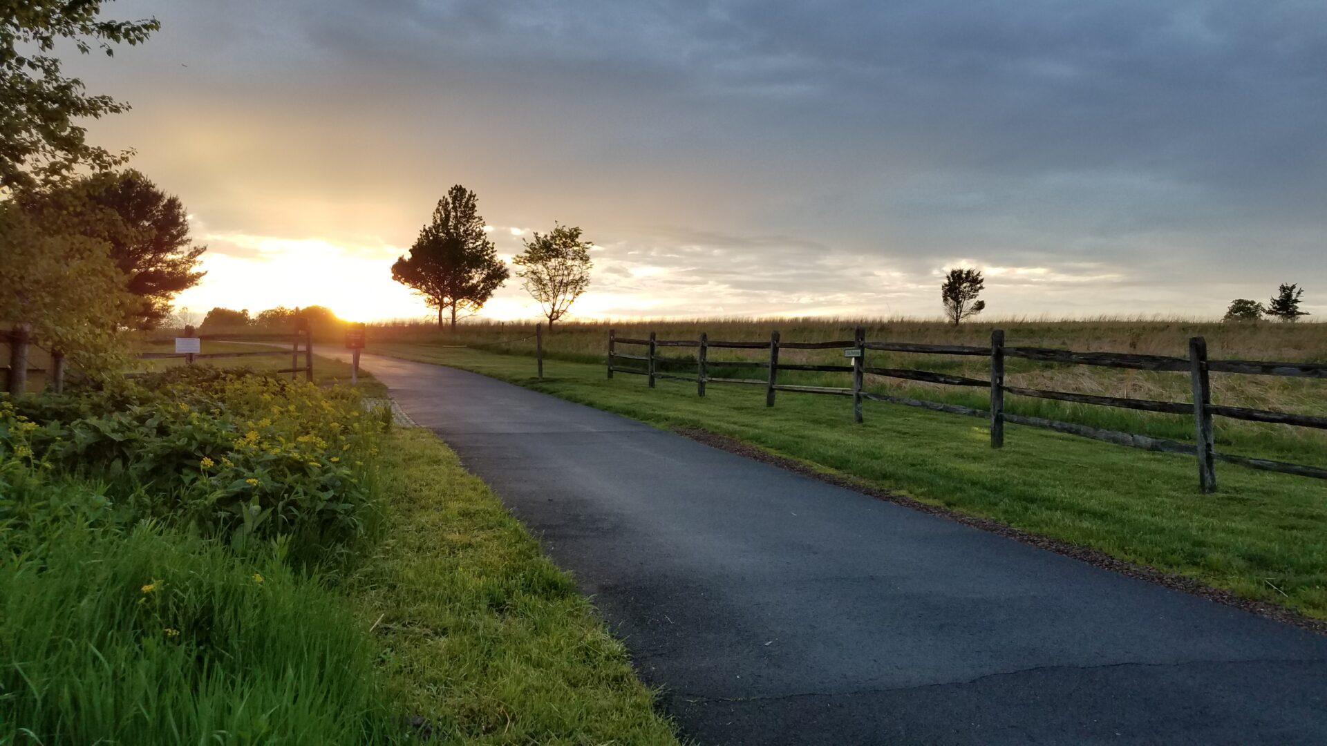 a landscape shot of a paved road surrounded by a green field with a sunset in the background.
